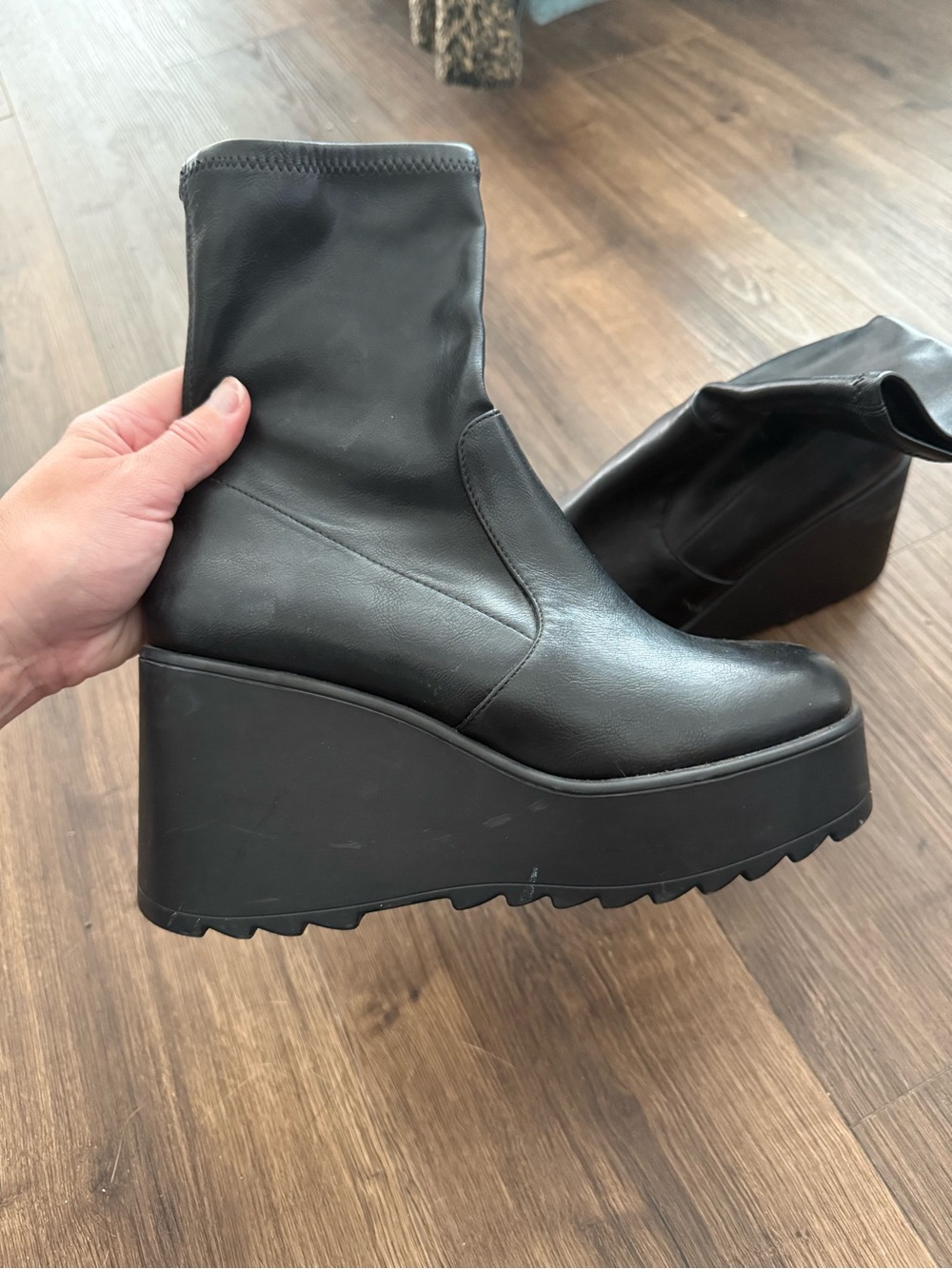 Black Platform Wedge Ankle Boots - Women's Fashion Boots size 7.5-8 - Picture 2 of 8